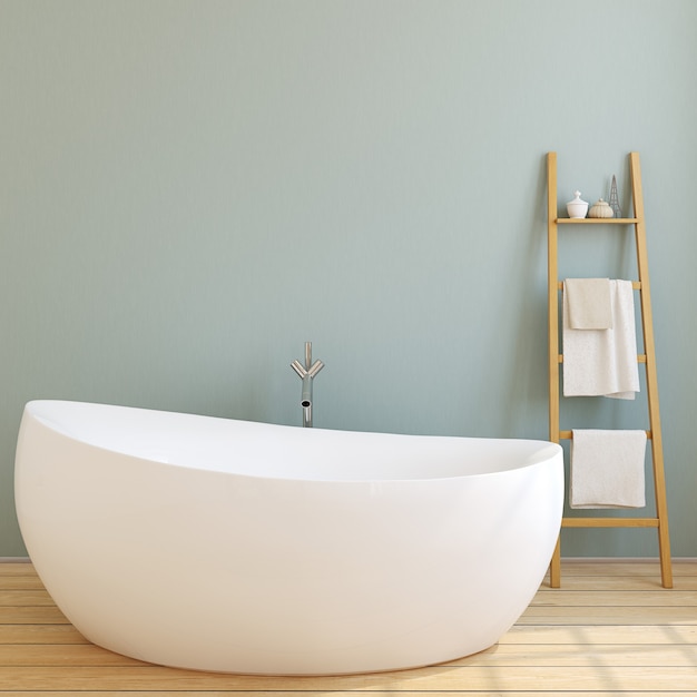 Interior de baño moderno con pared azul y piso de madera. Render 3D.