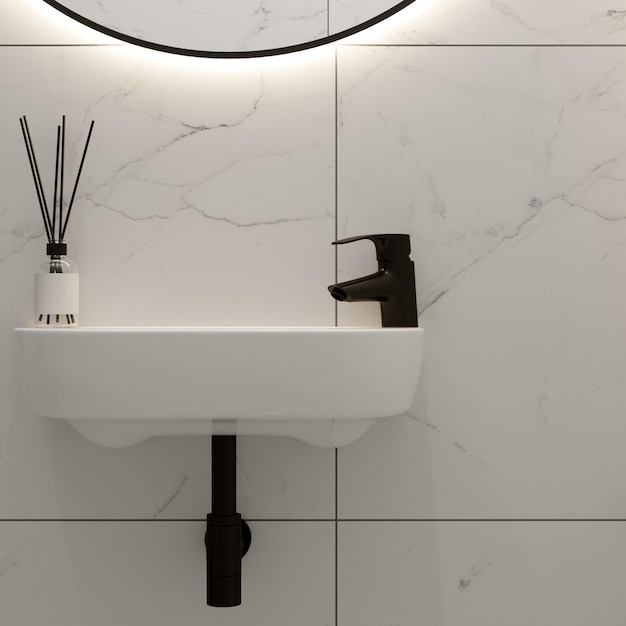 Foto interior de baño moderno la pared está revestida con mármol 3d renderizado