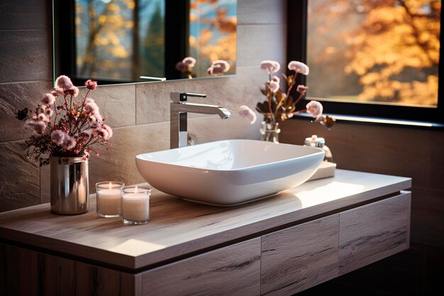 Interior de baño moderno con paredes blancas cómodo y piso de madera con bañera de madera con fregadero y grifo