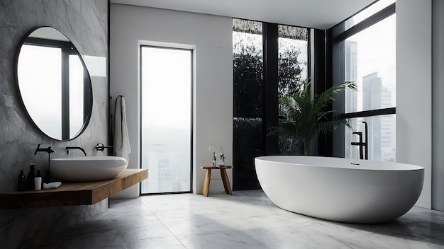 Interior de un baño moderno con paredes de madera, piso de hormigón y bañera blanca