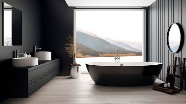 Interior de baño moderno con paredes negras bañera en cerca de ventana panorámica con vista al campo