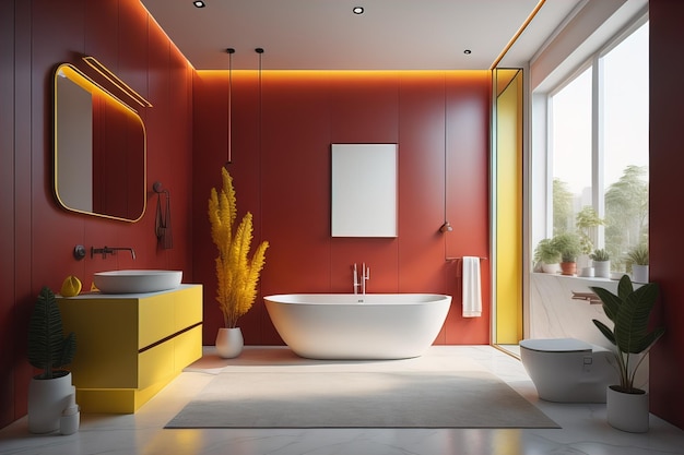 Interior de un baño moderno con paredes rojas y amarillas, piso de baldosas, bañera blanca cómoda.
