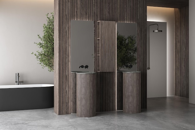 Interior de baño moderno con piso de concreto, bañera blanca negra y ducha de lavabo doble planta de pared de madera y vista de la ciudad desde las ventanas Baño minimalista con muebles modernos 3D