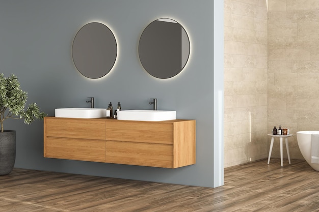 Interior de baño moderno con suelo de parquet de fondo azul y beige vista lateral de la planta del fregadero de la bañera blanca Baño minimalista con muebles modernos 3D