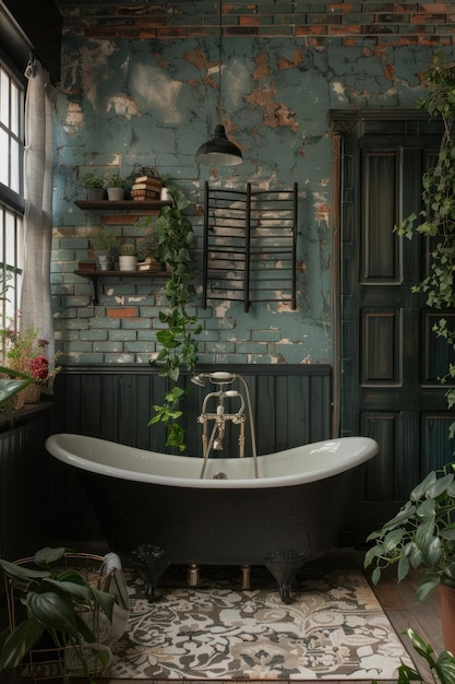 Interior de baño oscuro y moderno en estilo loft en tonos verde oscuro y negro