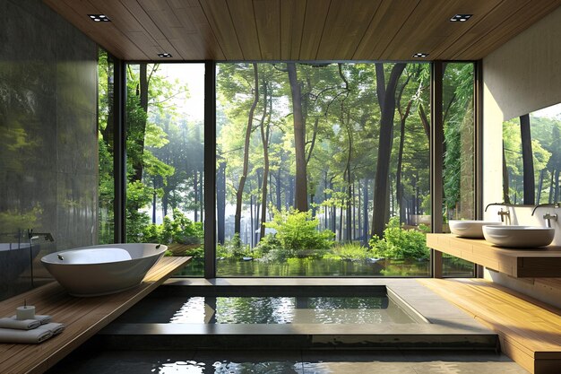 interior del baño con piscina y hermosa vista del bosque