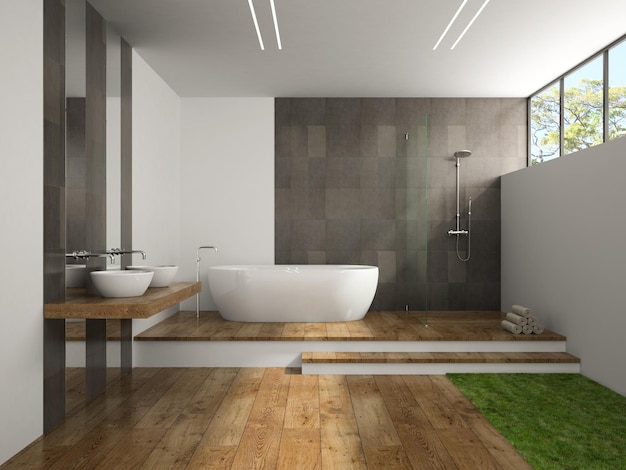 Interior del baño con renderizado 3D de suelo de hierba