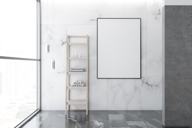 Interior de baño vacío con paredes de mármol blanco, ventanas tipo loft, suelo de mármol gris, estantes con toallas y un marco de póster vertical en la pared. maqueta de renderizado 3d