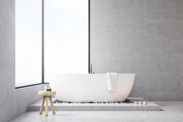 Interior de baño con ventana rectangular grande, bañera y una silla pequeña con productos de autocuidado. Concepto de limpieza. representación 3d Bosquejo.