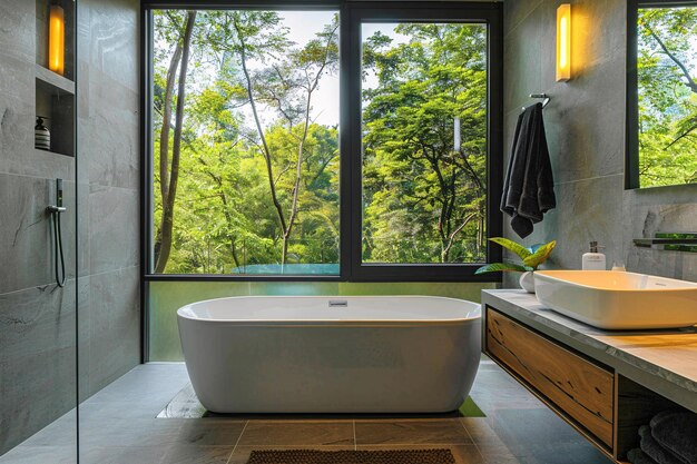 interior del baño con vista al bosque