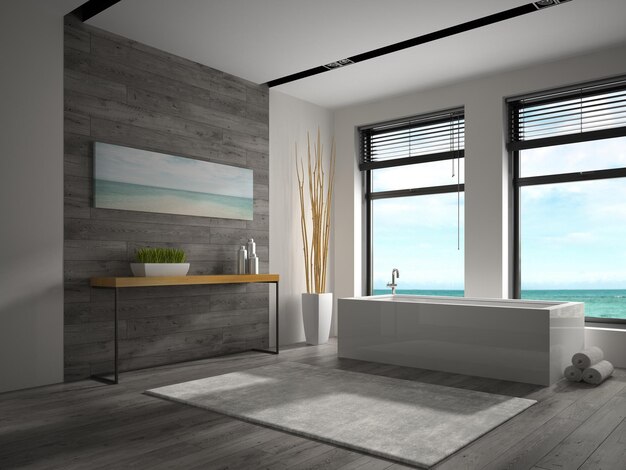 Interior del baño con vista al mar renderizado 3D