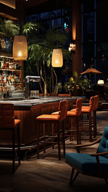 Interior de bar de lujo con iluminación cálida y asientos cómodos