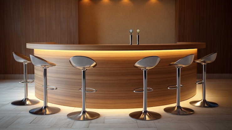 Foto interior de bar moderno taburetes metálicos de madera con iluminación cálida
