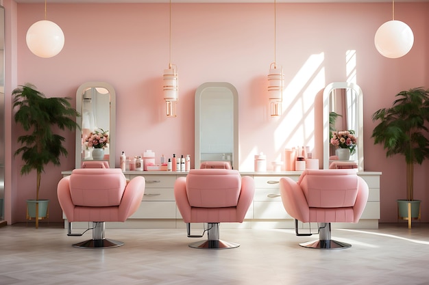 Interior de barbería vintage rosa con sillones y espejo en 3D