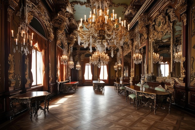 Interior barroco com candelabros extravagantes e detalhes em ouro