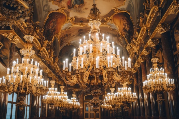 Interior barroco com candelabros ornamentados e detalhes em ouro