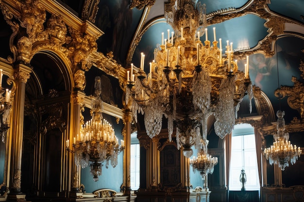Interior barroco com candelabros ornamentados e detalhes em ouro