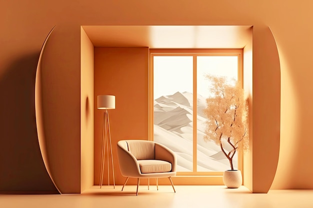 Interior beige marrón de habitación mínima de renderizado 3d con sillón suave de pie junto a la ventana generativa ai
