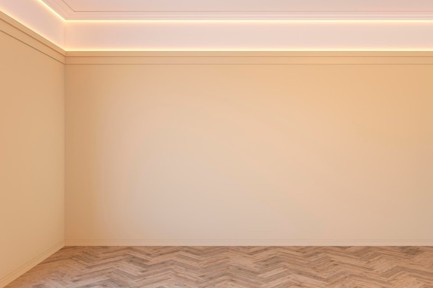 Interior beige vacío con molduras de pared en blanco, techo retroiluminado y suelo de parquet de chevron de madera