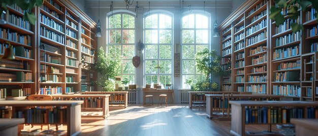 Interior de la biblioteca iluminado por el sol con altas estanterías