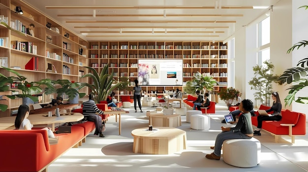 interior de una biblioteca moderna con estantería y personas renderización 3D