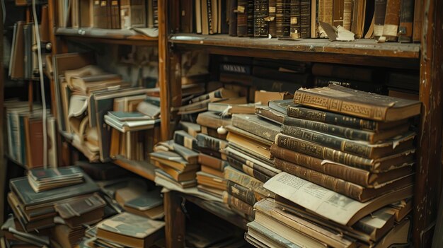 Interior de biblioteca vintage con libros antiguos y estanterías de madera