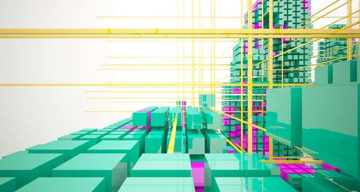 Foto interior blanco abstracto de cubos de colores de matriz con ilustración y renderizado 3d de ventana