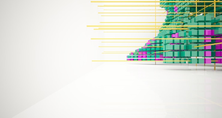Foto interior blanco abstracto de cubos de colores de matriz con ilustración y renderizado 3d de ventana