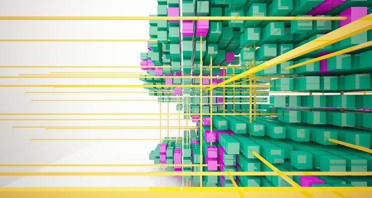 Foto interior blanco abstracto de cubos de colores de matriz con ilustración y renderizado 3d de ventana