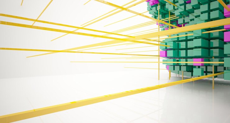 Foto interior blanco abstracto de cubos de colores de matriz con ilustración y renderizado 3d de ventana