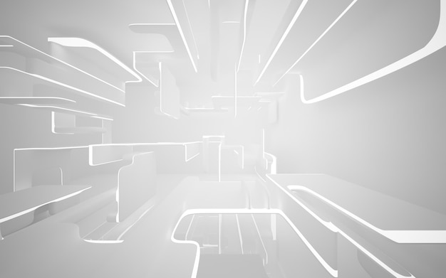 El interior blanco abstracto destaca la ilustración y representación 3D del fondo arquitectónico futuro