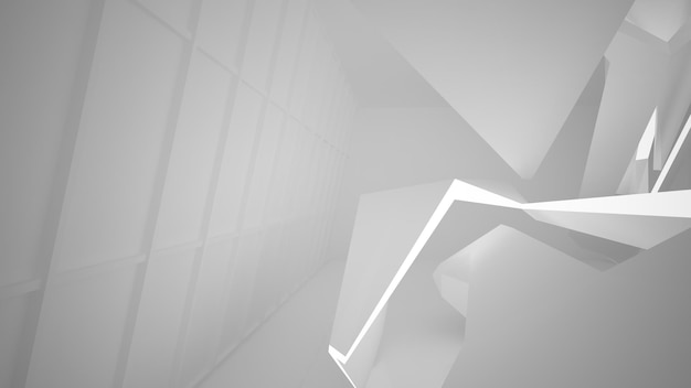 Interior blanco abstracto del futuro con ilustración y renderizado 3D de iluminación de neón