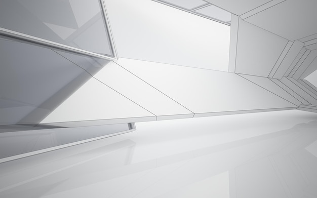 Interior blanco abstracto del futuro, con luces de neón. Ilustración y renderizado 3D
