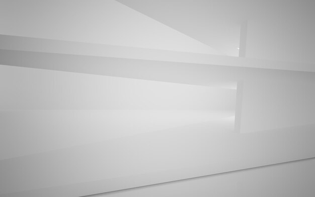 Interior blanco abstracto del futuro, con luces de neón. Ilustración y renderizado 3D
