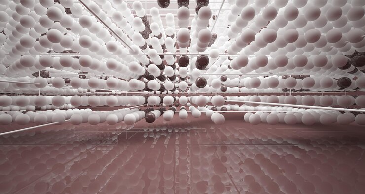 Foto interior blanco abstracto de una matriz de esferas de gafas de degradado de color con ventana grande 3d illustrati
