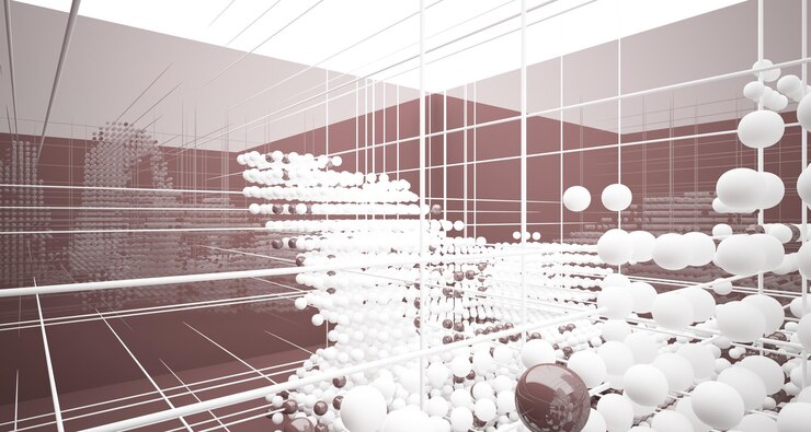 Foto interior blanco abstracto de una matriz de esferas de gafas de degradado de color con ventana grande 3d illustrati
