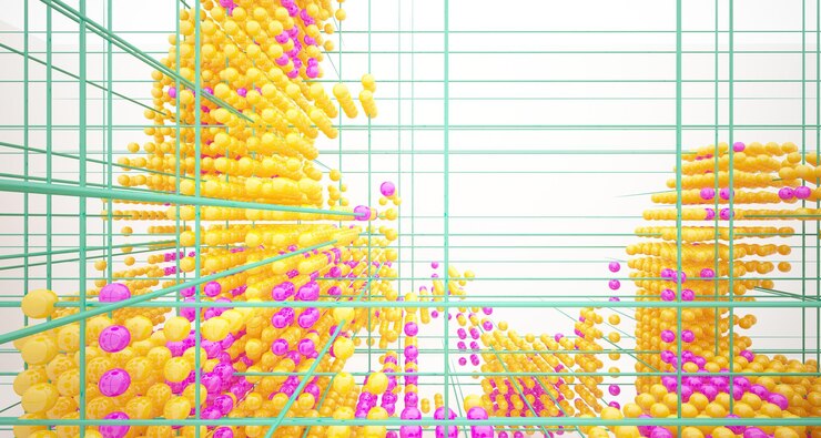 Foto interior blanco abstracto de una matriz de esferas de gafas de degradado de color con ventana grande 3d illustrati