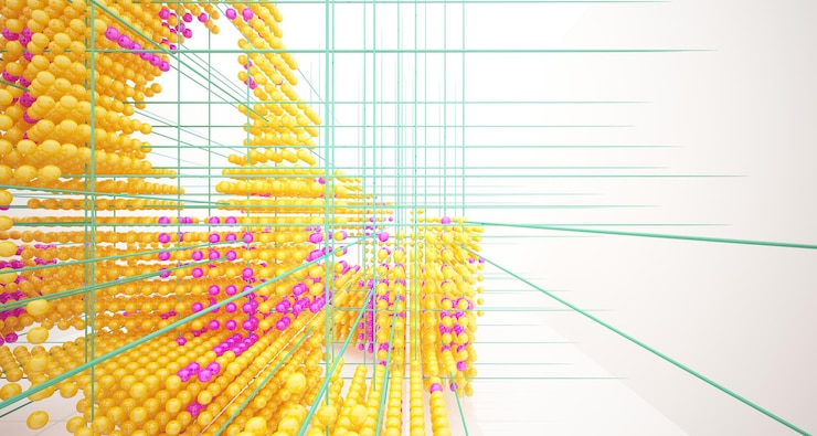 Foto interior blanco abstracto de una matriz de esferas de gafas de degradado de color con ventana grande 3d illustrati