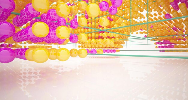 Interior blanco abstracto de una matriz de esferas de gafas de degradado de color con ventana grande 3D illustrati