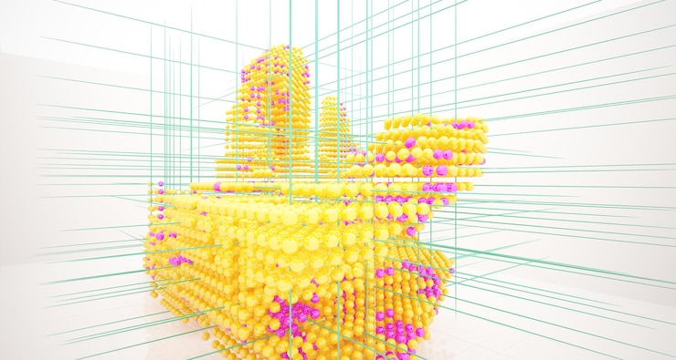 Foto interior blanco abstracto de una matriz de esferas de gafas de degradado de color con ventana grande 3d illustrati