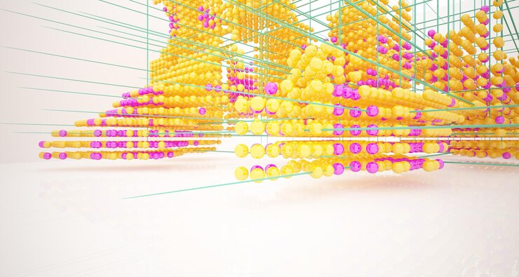 Foto interior blanco abstracto de una matriz de esferas de gafas de degradado de color con ventana grande 3d illustrati