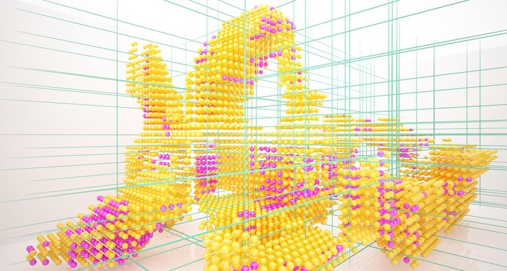 Foto interior blanco abstracto de una matriz de esferas de gafas de degradado de color con ventana grande 3d illustrati