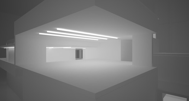 Interior blanco arquitectónico abstracto de una casa minimalista con grandes ventanales ilustración 3D