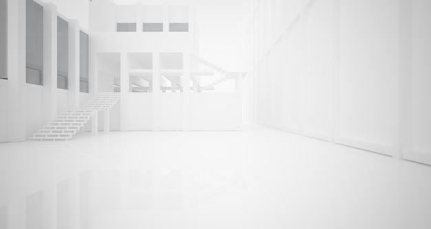 Interior blanco arquitectónico abstracto de una casa minimalista con grandes ventanales ilustración 3D