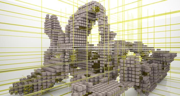 Foto interior blanco arquitectónico abstracto de una serie de cubos de hormigón con grandes ventanales modelo 3d