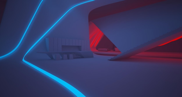 Interior blanco arquitectónico abstracto de una villa moderna en el mar con luces de neón de colores 3D