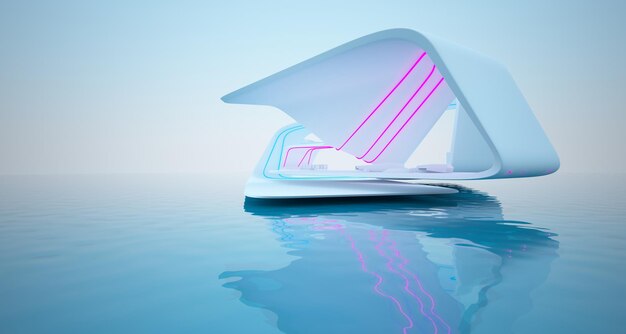 Foto interior blanco arquitectónico abstracto de una villa moderna en el mar con luces de neón de colores 3d