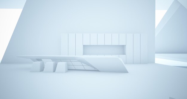 Interior blanco arquitectónico abstracto de una villa moderna en el mar con piscina y luz de neón
