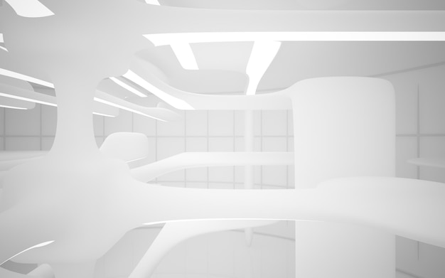 Interior blanco liso abstracto del futuro Vista nocturna desde la luz de fondo Arquitectónica