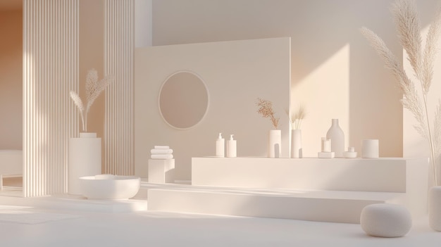 Interior blanco minimalista con formas geométricas y flores secas